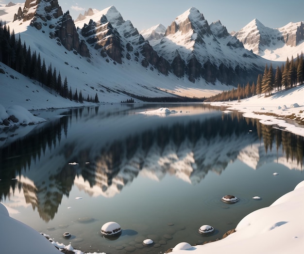 A snowy mountain lake with snow covered mountains and trees on the left side.