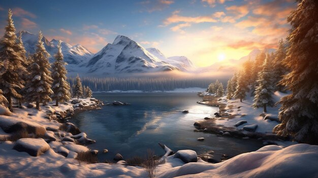 A snowy mountain lake with a snowy mountain in the background