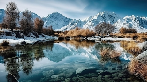 A snowy mountain landscape with a blue lake and snowy mountains in the background.