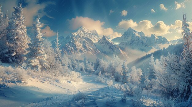 a snowy mountain landscape with a blue sky and clouds