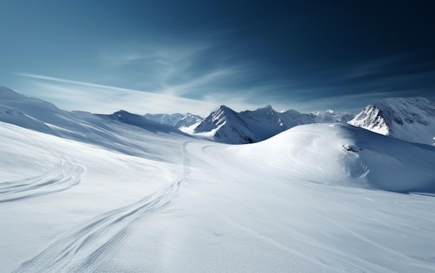 A snowy mountain landscape with a blue sky and a snow covered mountain in the background.