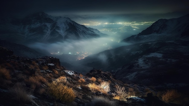 A snowy mountain landscape with a city in the distance