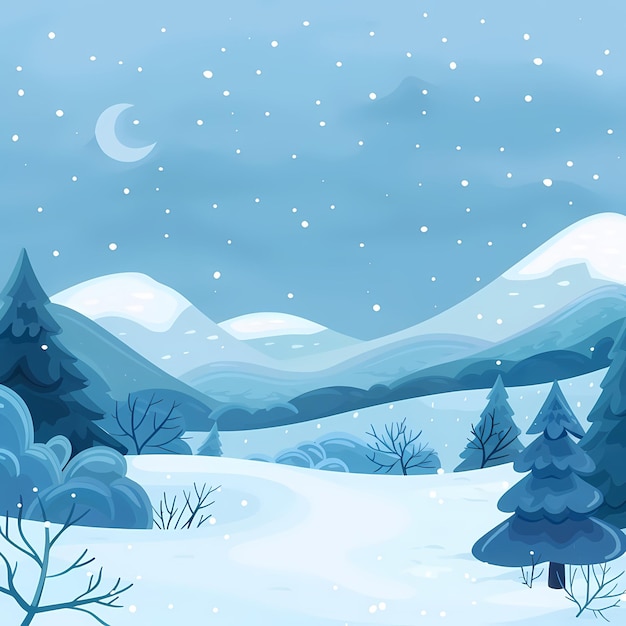 Snowy Mountain Landscape with Crescent Moon