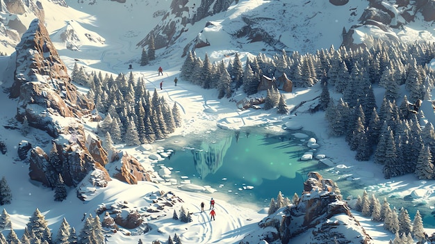 Snowy Mountain Landscape with Frozen Lake and Hikers