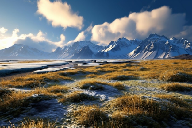 a snowy mountain landscape with a lake in the background