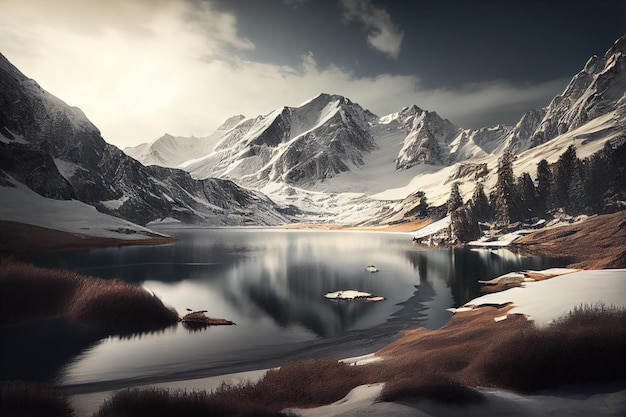 A snowy mountain landscape with a lake and mountains in the background.