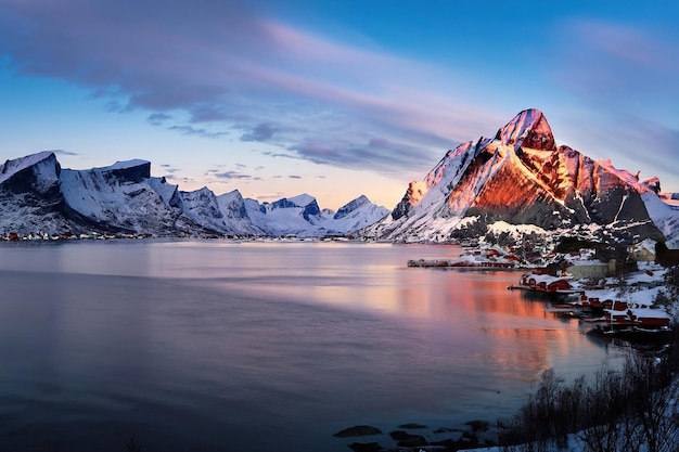 A snowy mountain landscape with a lake and mountains in the foreground.