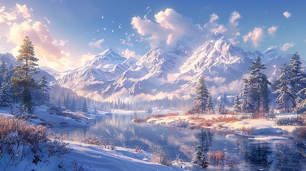 a snowy mountain landscape with a lake and trees