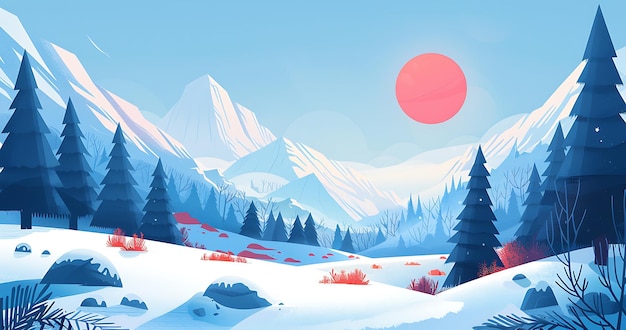 Snowy mountain landscape with a large red sun and blue pine trees