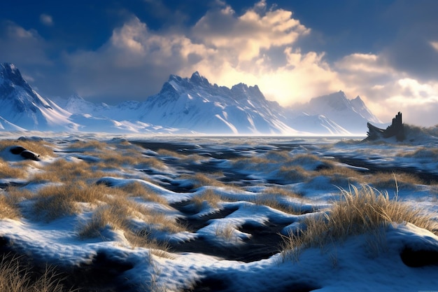 a snowy mountain landscape with a mountain in the background