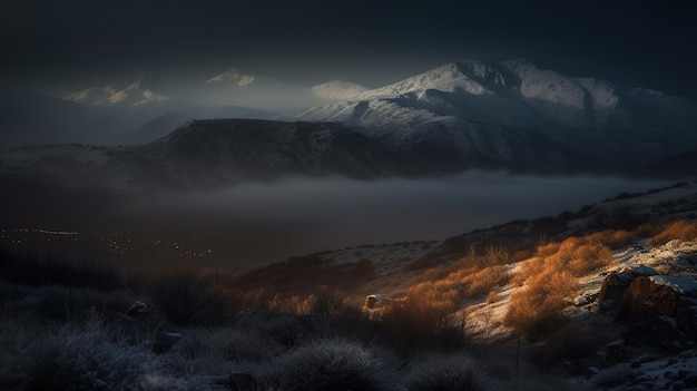 A snowy mountain landscape with a mountain in the background