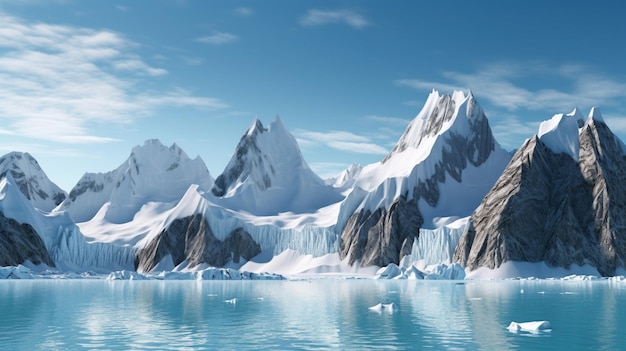 A snowy mountain landscape with mountains and a blue sky.