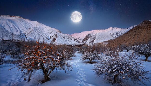 Photo snowy mountain landscape with orange trees and a full moon illuminating the night sky character cou