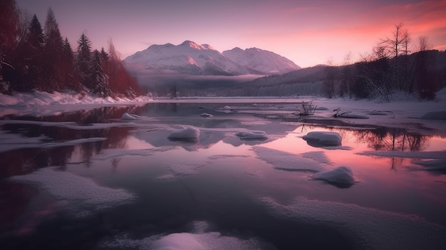 A snowy mountain landscape with a purple sky and a snowy mountain in the background.