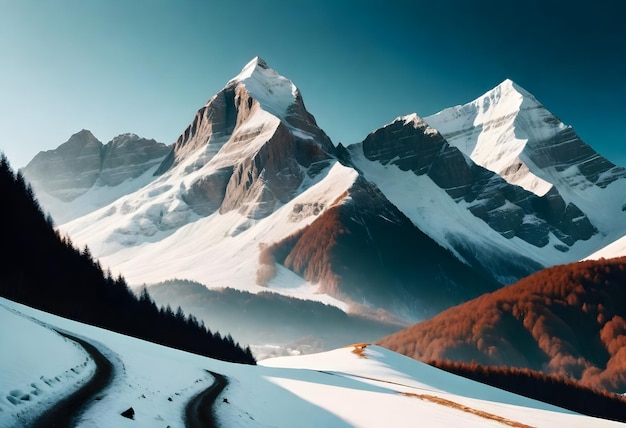 a snowy mountain landscape with a road and a mountain in the background