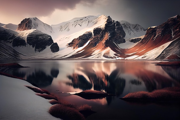 A snowy mountain landscape with a snowy mountain in the background