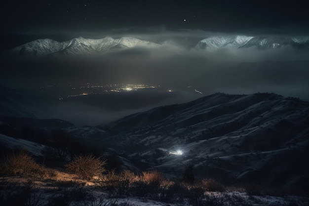 A snowy mountain landscape with a snowy mountain in the background