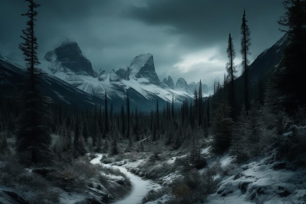 A snowy mountain landscape with a snowy path and a snowy mountain in the background.