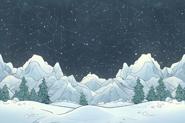 Snowy Mountain Landscape with Starry Night Sky