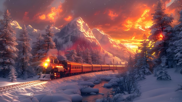 Snowy Mountain Landscape With Train Illustration