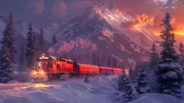 Snowy Mountain Landscape with Train Illustration