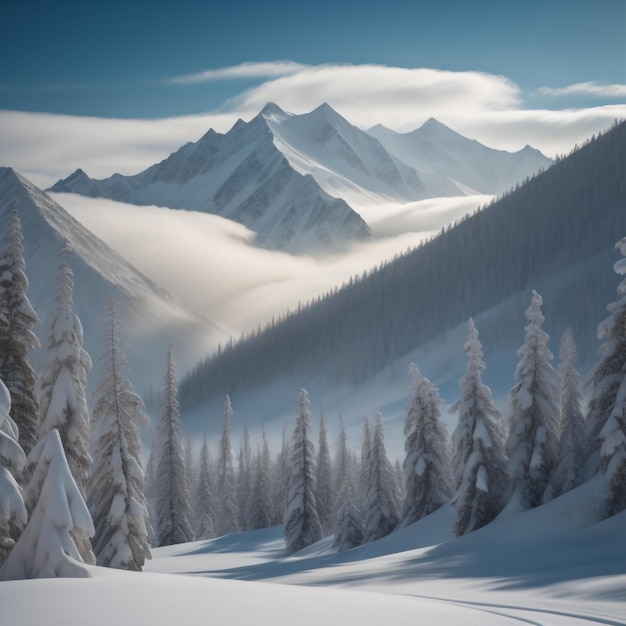 Photo a snowy mountain landscape with trees and mountains in the background.