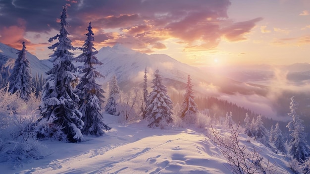 a snowy mountain landscape with trees and mountains in the background