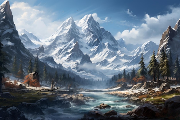 a snowy mountain landscape with trees and snow high quality