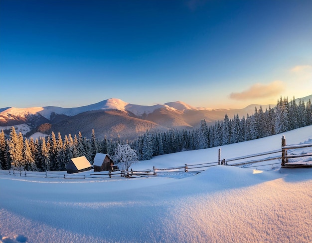 a snowy mountain landscape with a wooden fence and a snowy mountain in the background