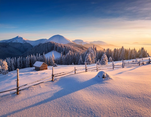 a snowy mountain landscape with a wooden fence and a snowy mountain in the background