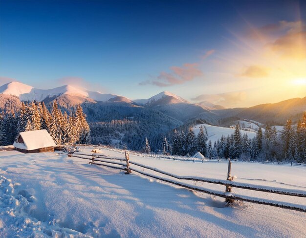 a snowy mountain landscape with a wooden fence and a snowy mountain in the background