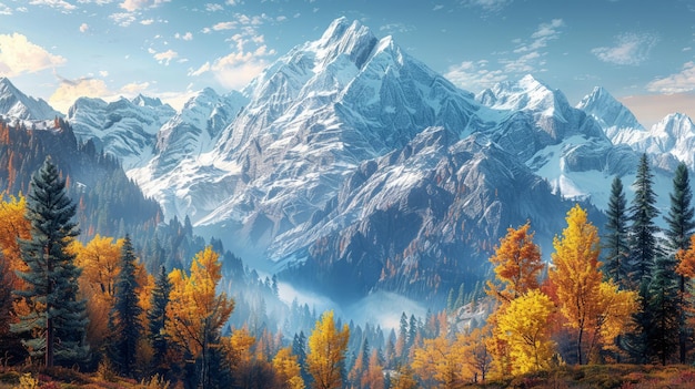 A snowy mountain landscape with yellow pines in autumn