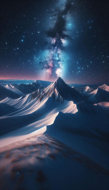 Snowy mountain peak under starry galaxy majesty generative AI