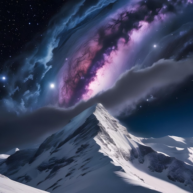 Snowy mountain peak under starry galaxy majesty