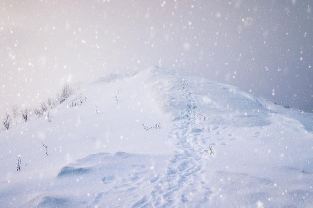 Snowy mountain peak with footprints in blizzard