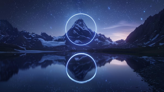 Snowy mountain peak with glowing circle reflected in tranquil lake at night