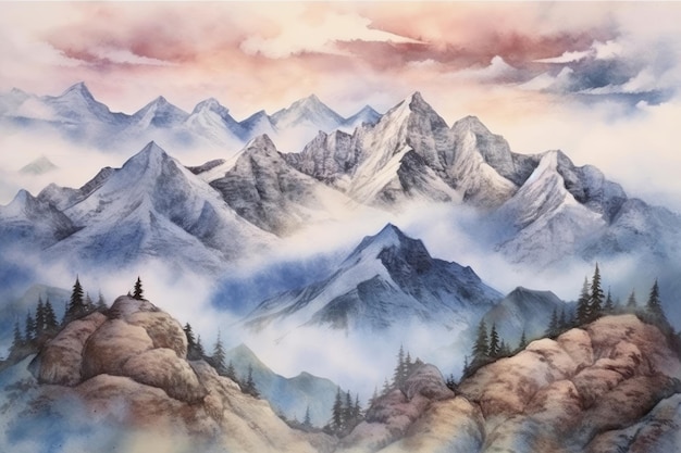 Snowy mountain peaks above misty valley Generative AI