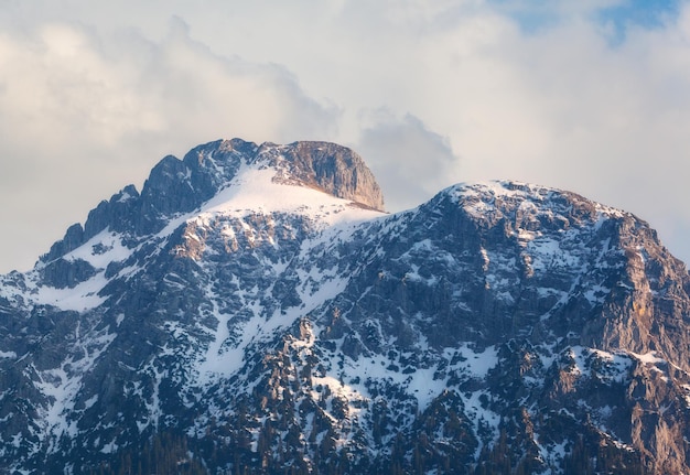 Snowy mountain peaks at sunset in spring. Mountain landscape with high rocks covered with snow, forest and blue sky with clouds in the evening. Alps in Germany. Nature and travel background