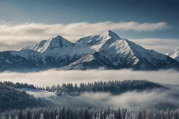 Photo snowy mountain range under a cloudy winter sk