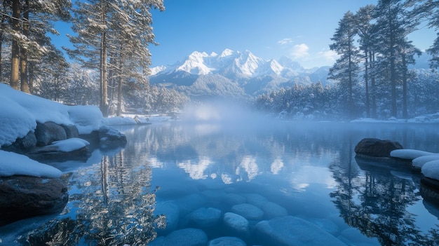 Photo snowy mountain range reflected in calm blue water