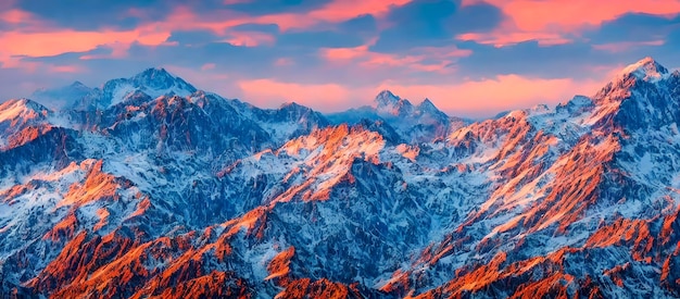 Snowy mountain range at sunset, travel concept, 3d render