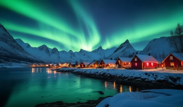 a snowy mountain range with the aurora borealis visible above it