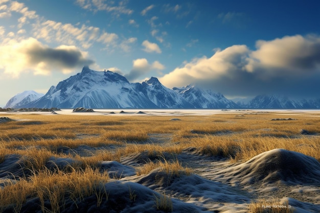 a snowy mountain range with a blue sky and clouds in the background