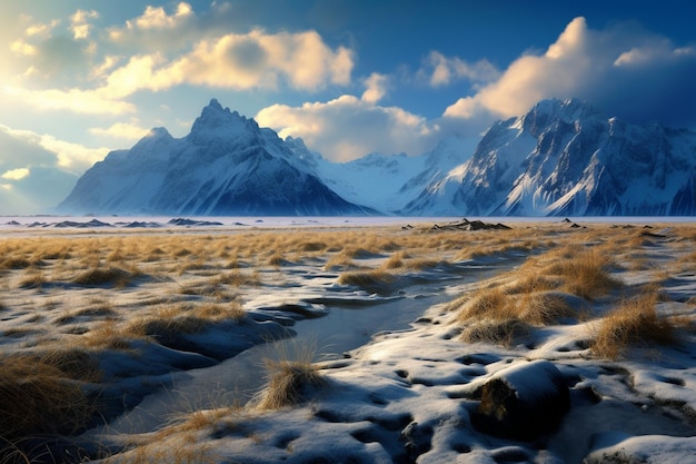 a snowy mountain range with a lake in the foreground and a snowy mountain in the background