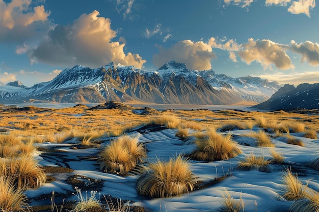 a snowy mountain range with a mountain in the background