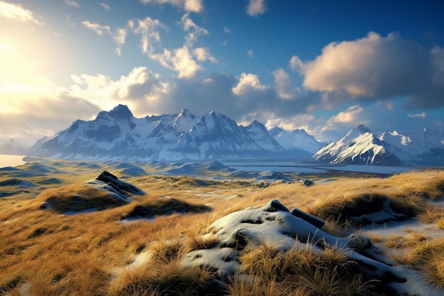 a snowy mountain range with a snowy mountain in the background