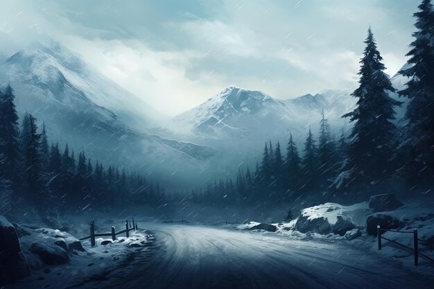 Snowy mountain road in the mountains Winter landscape Generative Ai