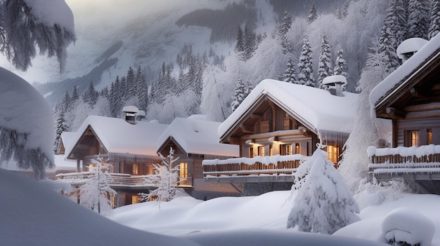 A snowy mountain scene with a house in the foreground and a snowy mountain in the background.