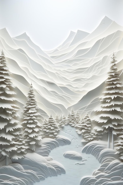 snowy mountain scene with a stream and pine trees in the foreground generative ai