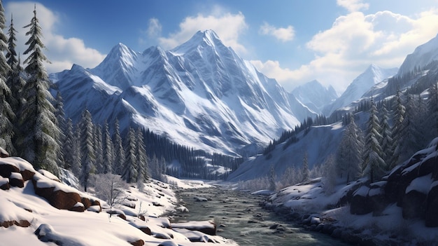 snowy mountain scene with a stream and trees in the foreground generative ai